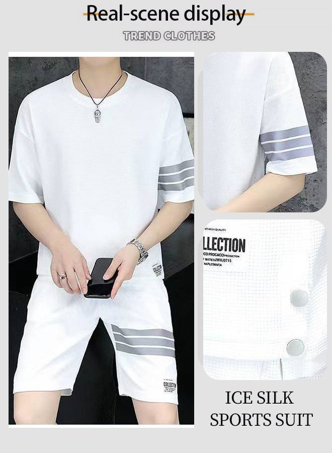 Men's fashionable hawaiian knit striped casual summer suit - Men's summer two-piece set - Shorts + T-shirt - Sporty casual suit  - Image 5