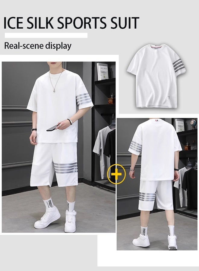 Men's fashionable hawaiian knit striped casual summer suit - Men's summer two-piece set - Shorts + T-shirt - Sporty casual suit  - Image 4