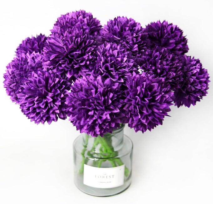 12 PCS ARTIFICIAL FLOWERS PURPLE FAUX BALL CHRYSANTHEMUM BOUQUET FLOWERS WEDDING BOUQUET FOR HOME GARDEN PARTY WEDDING DECORATION