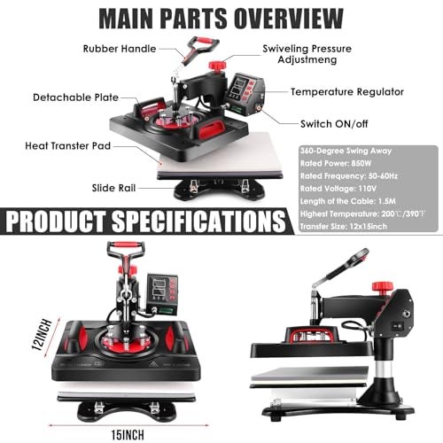 WHUBEFY Heat Press, 15x12 Inch 8 in 1 Shirt Press Multifunction Combo 360° Swing Away Digital Printing Heat Transfer Sublimation Machine Vinyl Heat Press Machine for T Shirts, Cap, Mug, Plate, DIY - Image 5