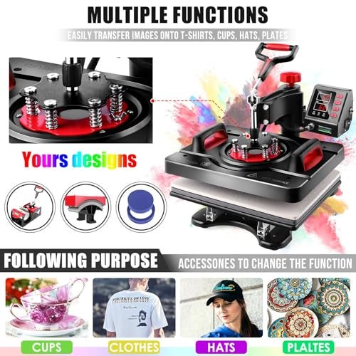 WHUBEFY Heat Press, 15x12 Inch 8 in 1 Shirt Press Multifunction Combo 360° Swing Away Digital Printing Heat Transfer Sublimation Machine Vinyl Heat Press Machine for T Shirts, Cap, Mug, Plate, DIY - Image 2