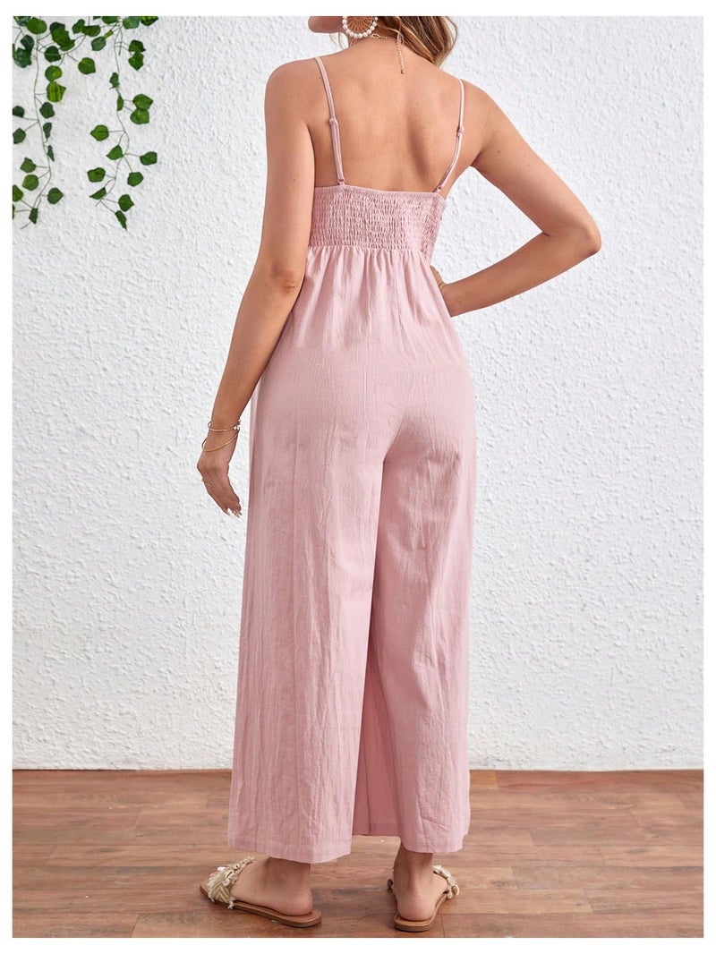 OYOANGLE Women's Maternity Tie Front Jumpsuit Spaghetti Strap Wide Leg Pregnancy Long Pants Romper Pink Small - Image 2