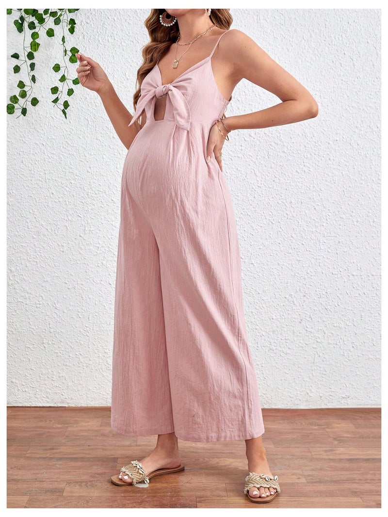 OYOANGLE Women's Maternity Tie Front Jumpsuit Spaghetti Strap Wide Leg Pregnancy Long Pants Romper Pink Small - Image 4
