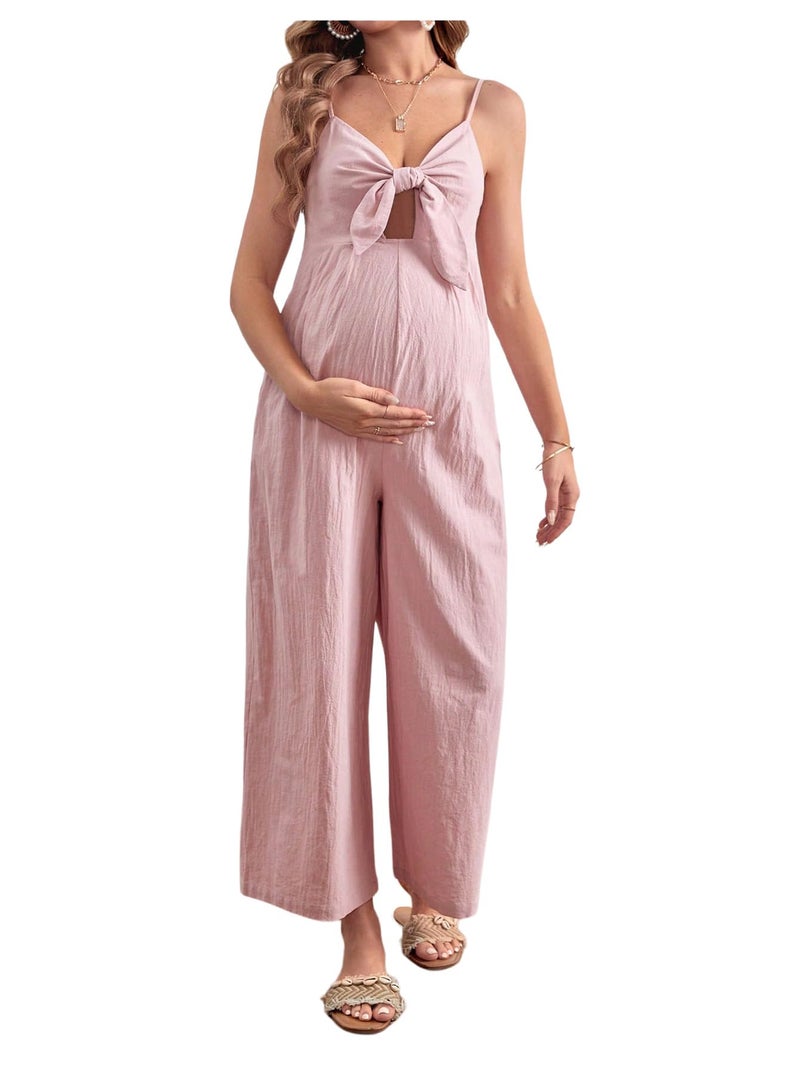 OYOANGLE Women's Maternity Tie Front Jumpsuit Spaghetti Strap Wide Leg Pregnancy Long Pants Romper Pink Small - Image 1
