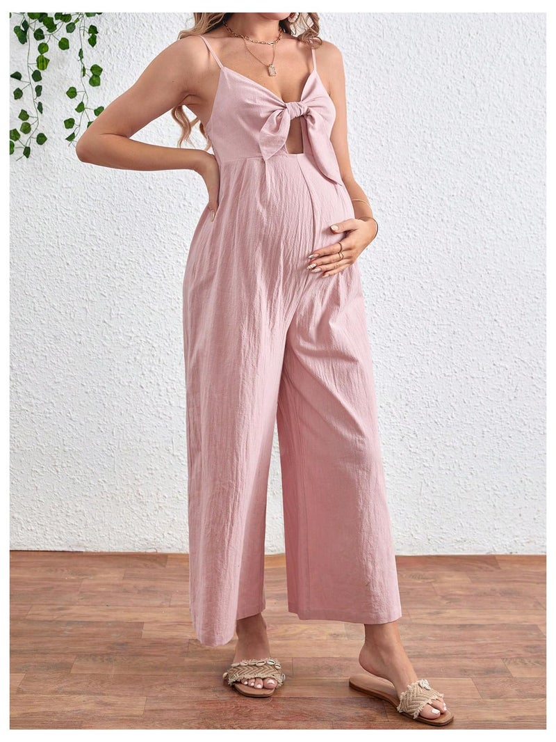 OYOANGLE Women's Maternity Tie Front Jumpsuit Spaghetti Strap Wide Leg Pregnancy Long Pants Romper Pink Small - Image 3