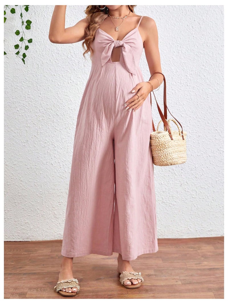 OYOANGLE Women's Maternity Tie Front Jumpsuit Spaghetti Strap Wide Leg Pregnancy Long Pants Romper Pink Small - Image 5