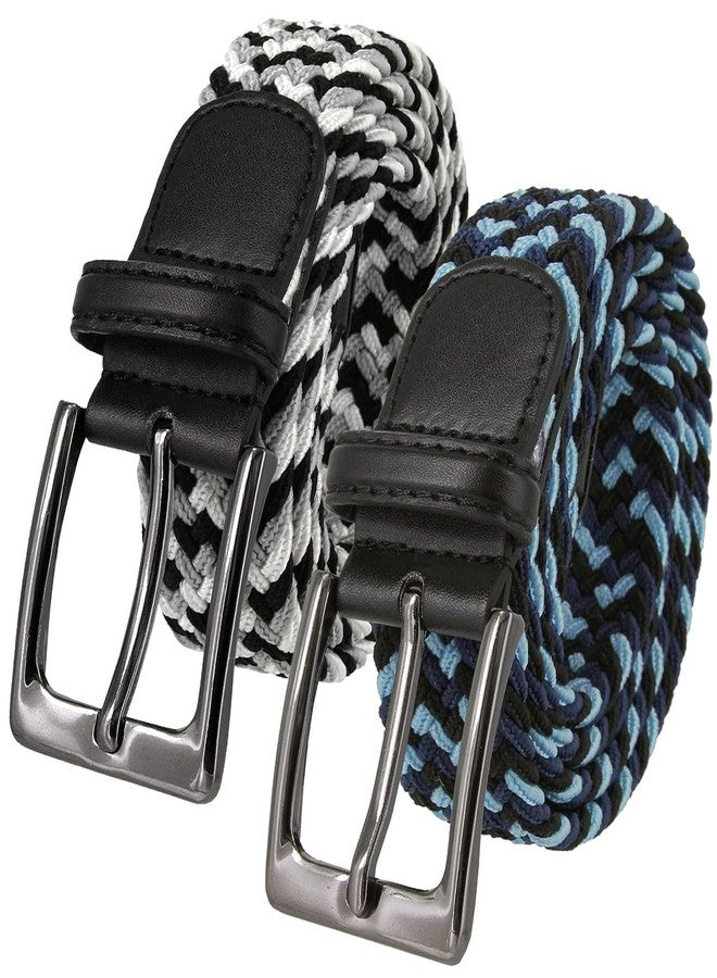Belts.com 2 Count Men's Stretch Braided Elastic Stretch Belt Casual Weave Canvas Fabric Woven Belt 1-3/8" Wide (Black/Blue/Navy- Black/Gray/White, XL) - Image 1