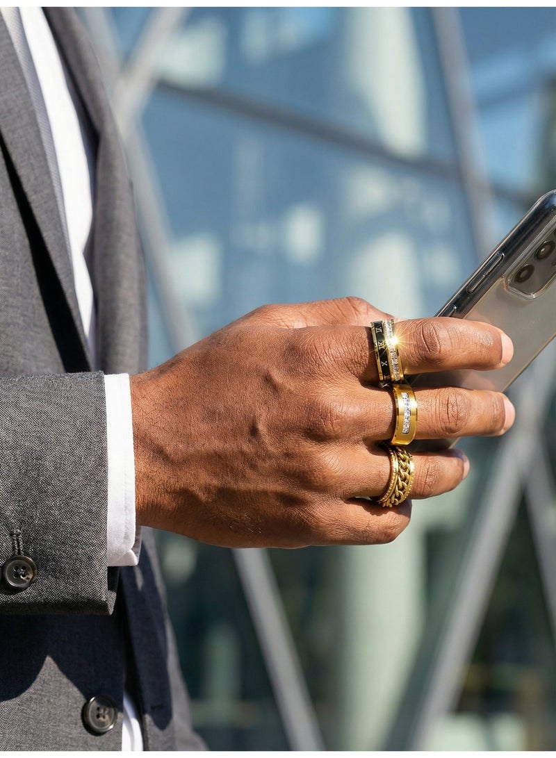 أوليس فيرس  حزمة 3 حلقات تدوير للرجال الفاخرة من الفولاذ المقاوم للصدأ ذهبي، أنماط الأرقام الرومانية/السلاسل/الكريستال، عرض 8 مم وجميلة - Image 2