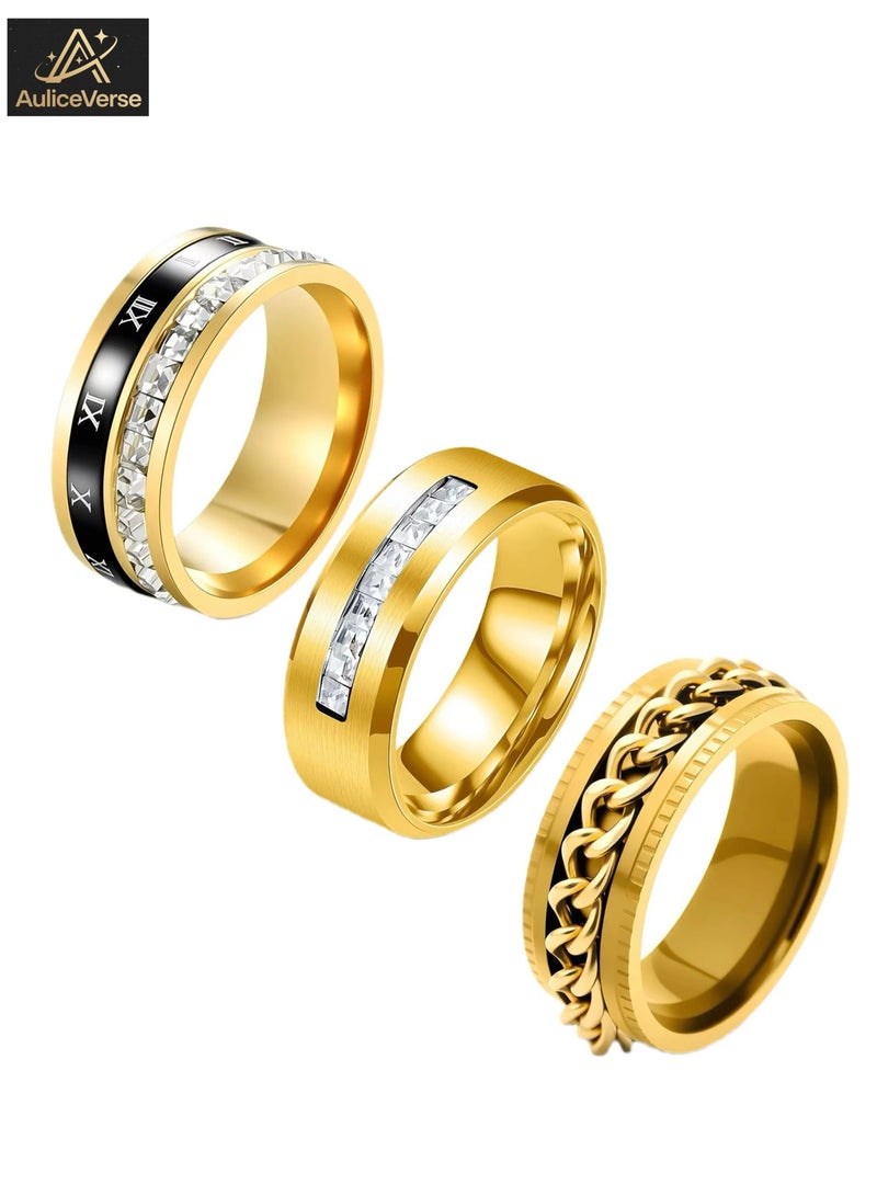 أوليس فيرس  حزمة 3 حلقات تدوير للرجال الفاخرة من الفولاذ المقاوم للصدأ ذهبي، أنماط الأرقام الرومانية/السلاسل/الكريستال، عرض 8 مم وجميلة - Image 3