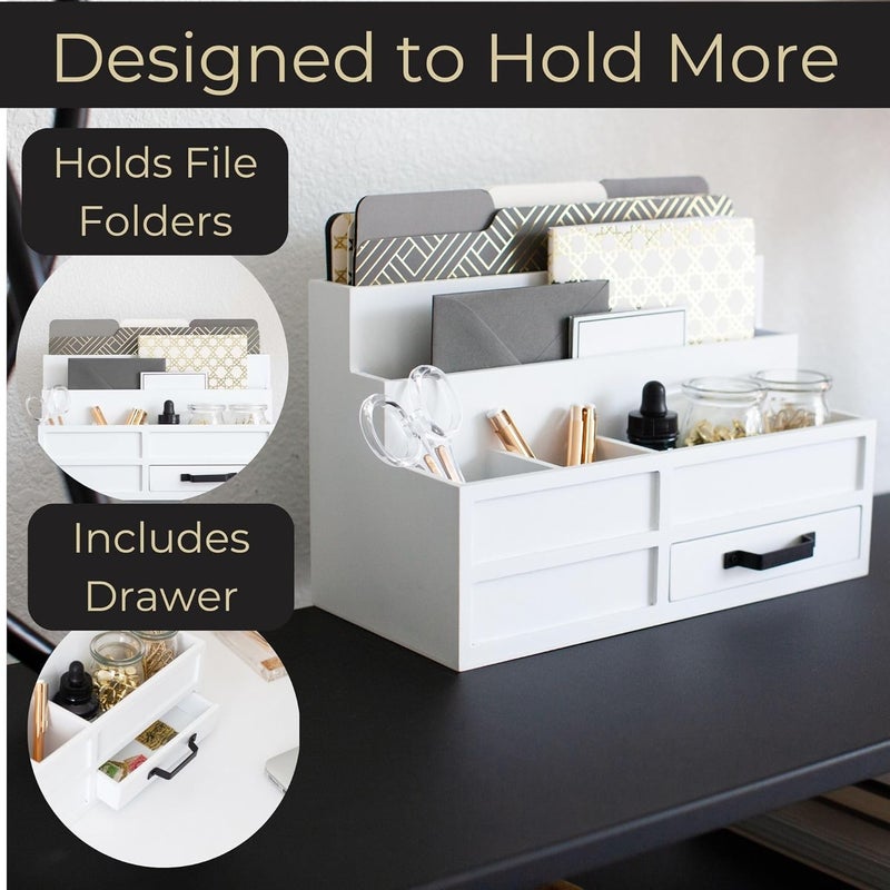 Blu Monaco White Desktop Organizer with Drawer – Paper Wood Bill & Mail Organizer for Office Desk, Countertop & Workspace Storage | with Drawer, Bill - Image 4