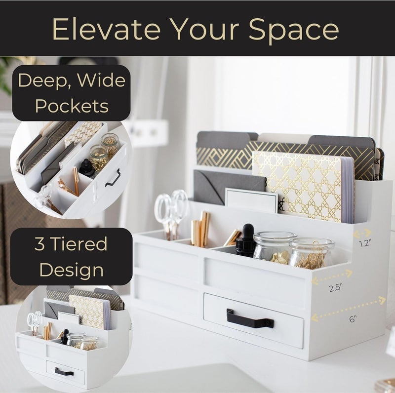 Blu Monaco White Desktop Organizer with Drawer – Paper Wood Bill & Mail Organizer for Office Desk, Countertop & Workspace Storage | with Drawer, Bill - Image 3
