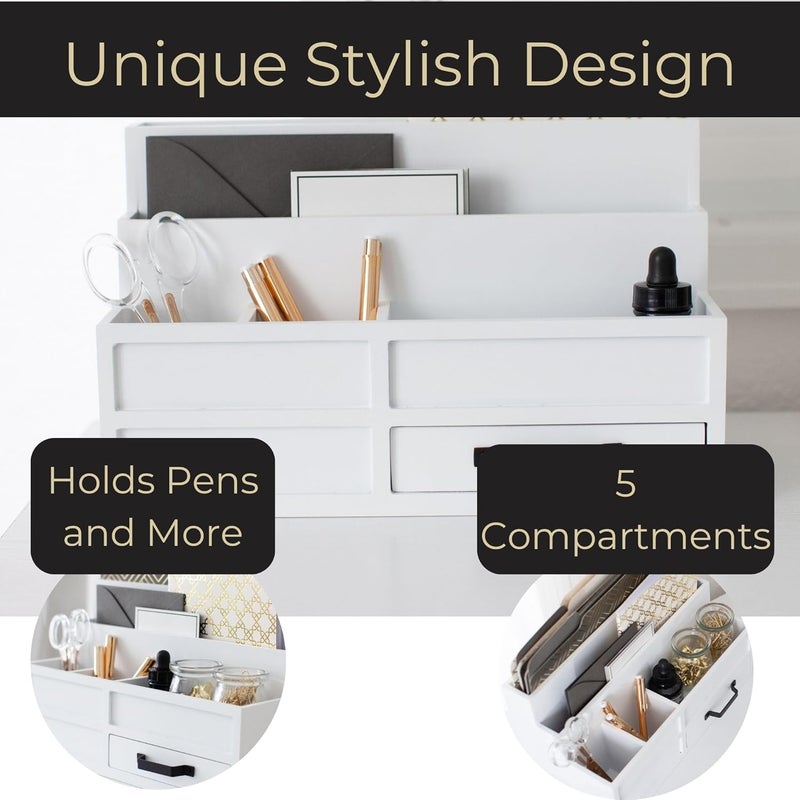 Blu Monaco White Desktop Organizer with Drawer – Paper Wood Bill & Mail Organizer for Office Desk, Countertop & Workspace Storage | with Drawer, Bill - Image 5