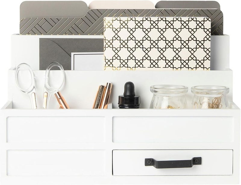 Blu Monaco White Desktop Organizer with Drawer – Paper Wood Bill & Mail Organizer for Office Desk, Countertop & Workspace Storage | with Drawer, Bill - Image 1