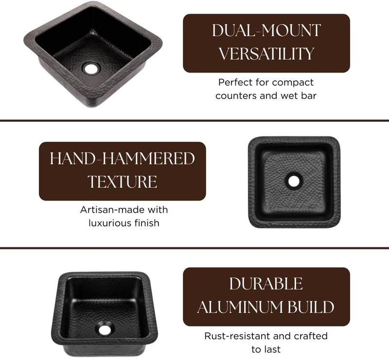 Monarch Abode 12-inch Hand Hammered Matte Black Aluminum Glasgow Dual Mount Drop in Bar Prep Sink, Drop in or Undermount Kitchen Sink, Single Dual Mount Bowl - Image 4
