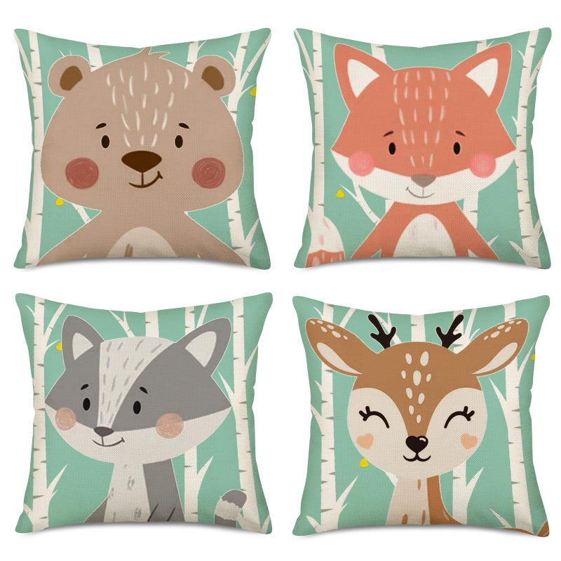 Fukeen Set of 4 Throw Pillow Cases Cartoon Animal Woodland Decorative Cotton Linen Cushion Cover Bear Fox Rabbit Home Baby Room Decor Standard Pillowcase 18x18 Inches