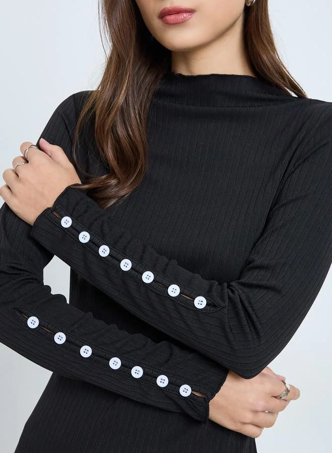 Take Two Solid High Neck Rhinestone Detail Knitted Mini Dress