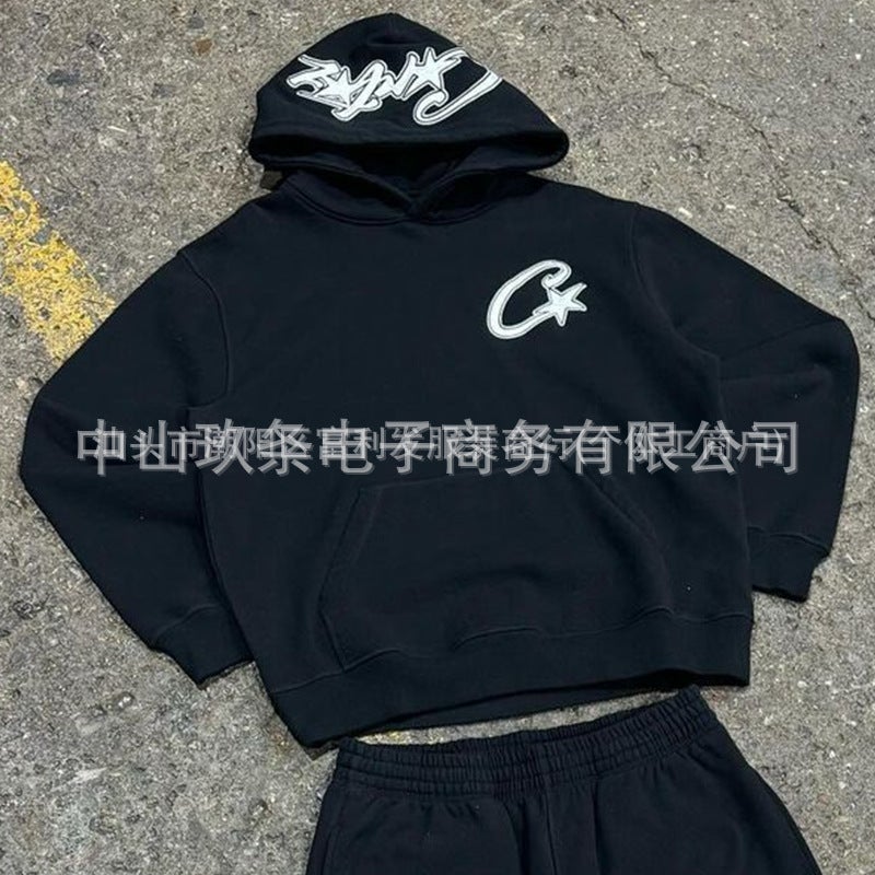 Spring street hip-hop mens sports suit casual two-piece suit cross-border new solid color hooded sweater trousers Black sweatshirt