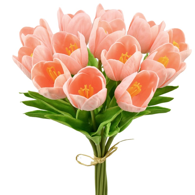 Mandy's Artificial Tulips 12 Stems Light Pink Partially Open PU Faux Flowers for Valentine's Day and Easter Wedding Home Decor 13.5 Inch - Image 1