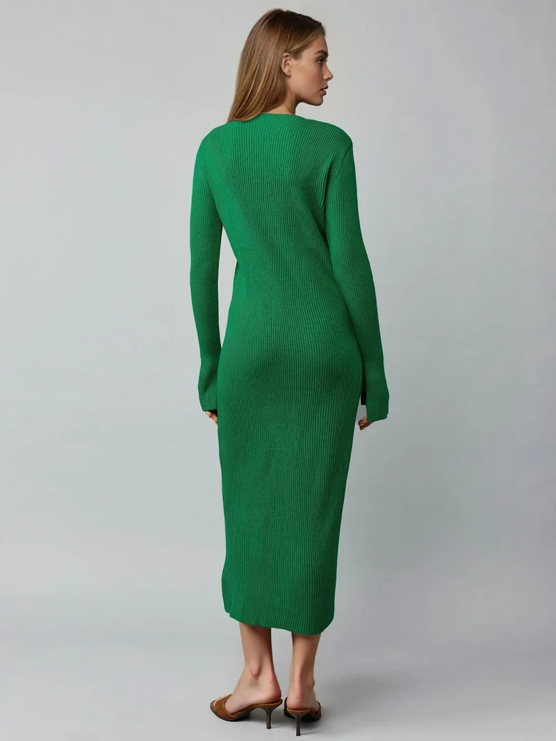 MY FASHION Green MY FASHION V-Neck Textured Maxi Knit Dress with Slit for Women | Best Price UAE