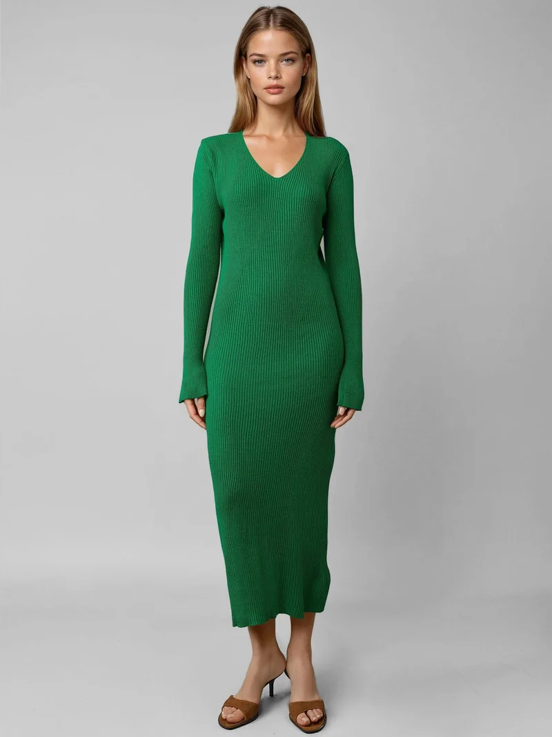 MY FASHION Green MY FASHION V-Neck Textured Maxi Knit Dress with Slit for Women | Best Price UAE