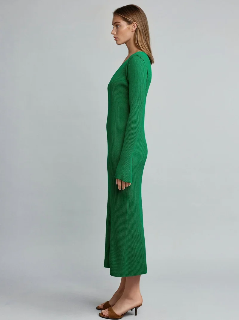 MY FASHION Green MY FASHION V-Neck Textured Maxi Knit Dress with Slit for Women | Best Price UAE