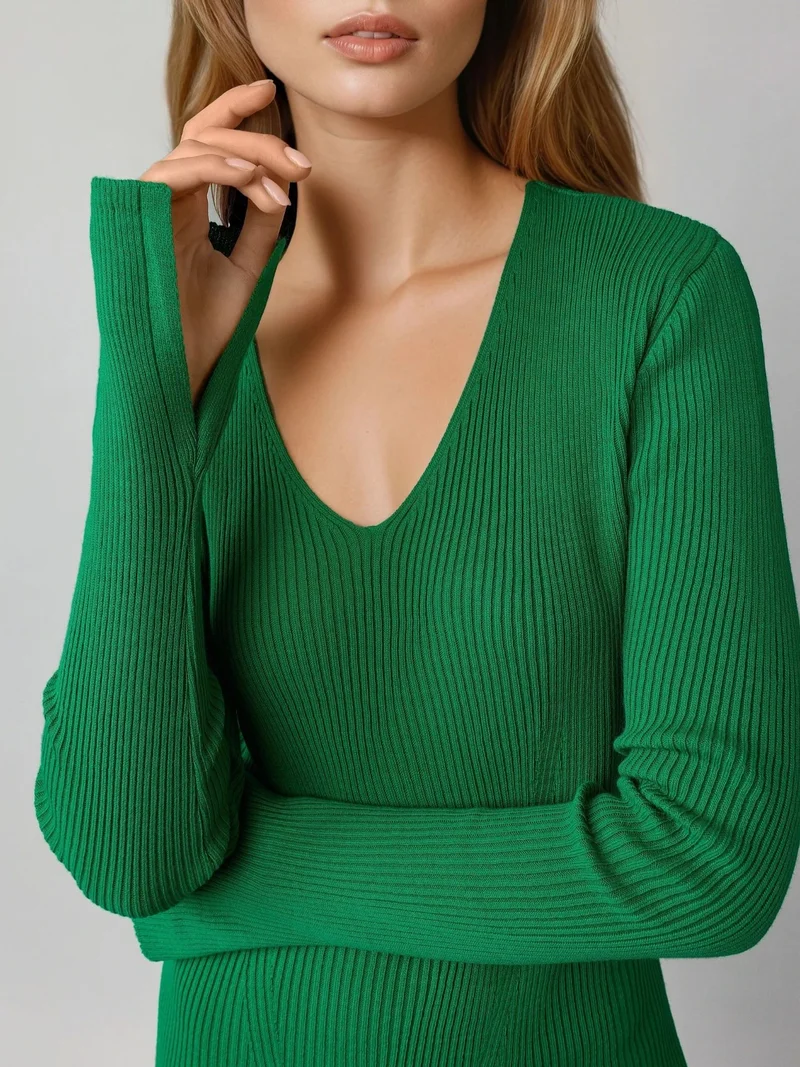 MY FASHION Green MY FASHION V-Neck Textured Maxi Knit Dress with Slit for Women | Best Price UAE