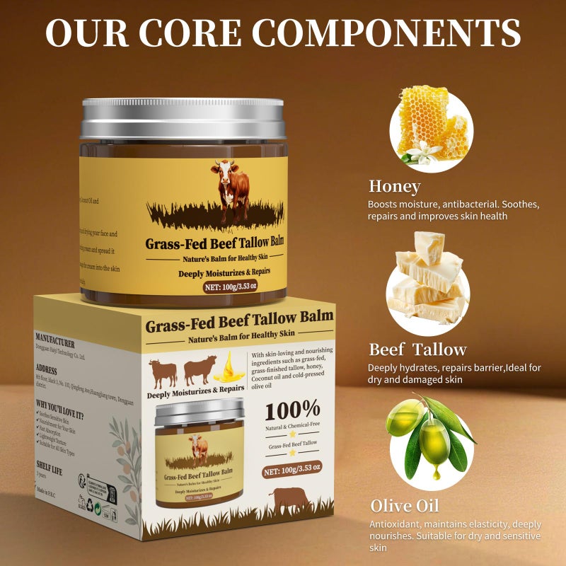 Oebitor Beef Tallow for Skin, Tallow and Honey Balm, Facial Moisturizer Cream, 100% Organic Grass Fed Whipped Beef Tallow Balm Deeply Moisturizing for Face & Body, Suitable For All Skin Types(3.53oz) - Image 2