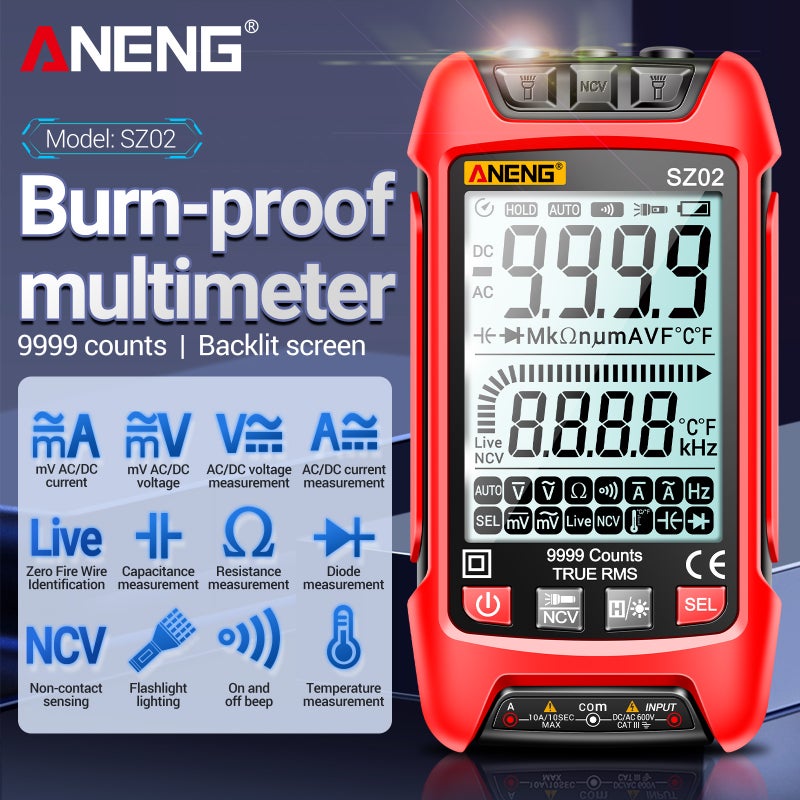المقياس الرقمي الذكي ANENG SZ02 نطاق تلقائي 9999 عداد مقياس عالمي NCV جهاز اختبار محمول متعدد الوظائف مقياس الجهد ومقياس التيار مع ضوء خلفي ومصباح كهربائي للجهد والتيار المتردد/المباشر والمقاومة - Image 3