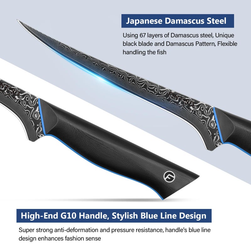 FINTISO 7 Inch Fillet Knife, Ultra Sharpe Meat Boning Knife in 67-Layer Japanese Damascus Steel, Professional Fish Knives with Ergonomic G10 Handle for Slicing and Skinning - Image 2