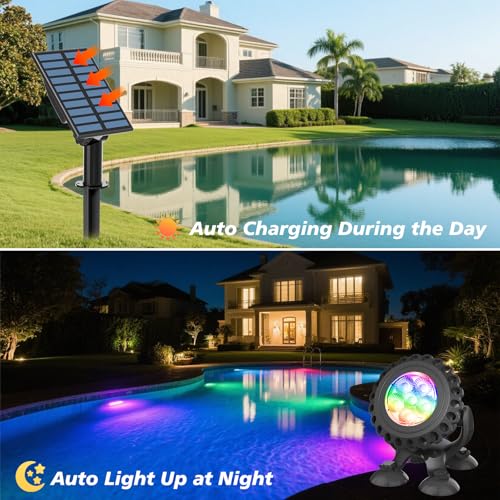 T-SUN Solar Pond Lights, 3-in-1 RGB Solar Underwater Pond Lights, IP68 Waterproof Sustainable Submersible Light for for Pond, Garden, Patio, Fountain, Pool, Waterfall Decoration - Image 2