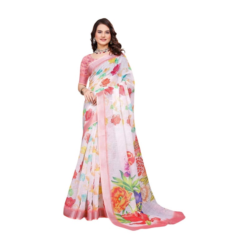 Sidhidata Women's Digital Printed Cotton Linen Blend Saree with Unstitched Blouse Piece - Multicolor Floral Design - Image 1