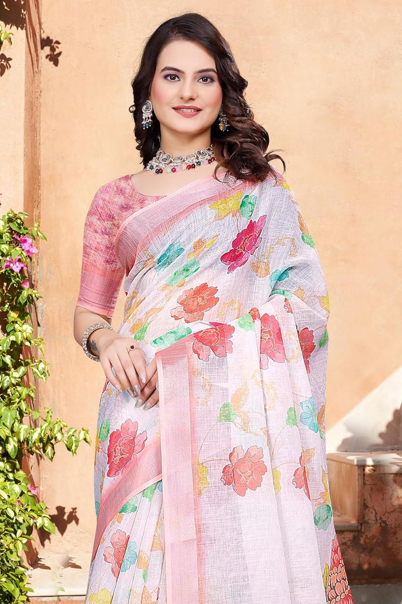 Sidhidata Women's Digital Printed Cotton Linen Blend Saree with Unstitched Blouse Piece - Multicolor Floral Design - Image 5
