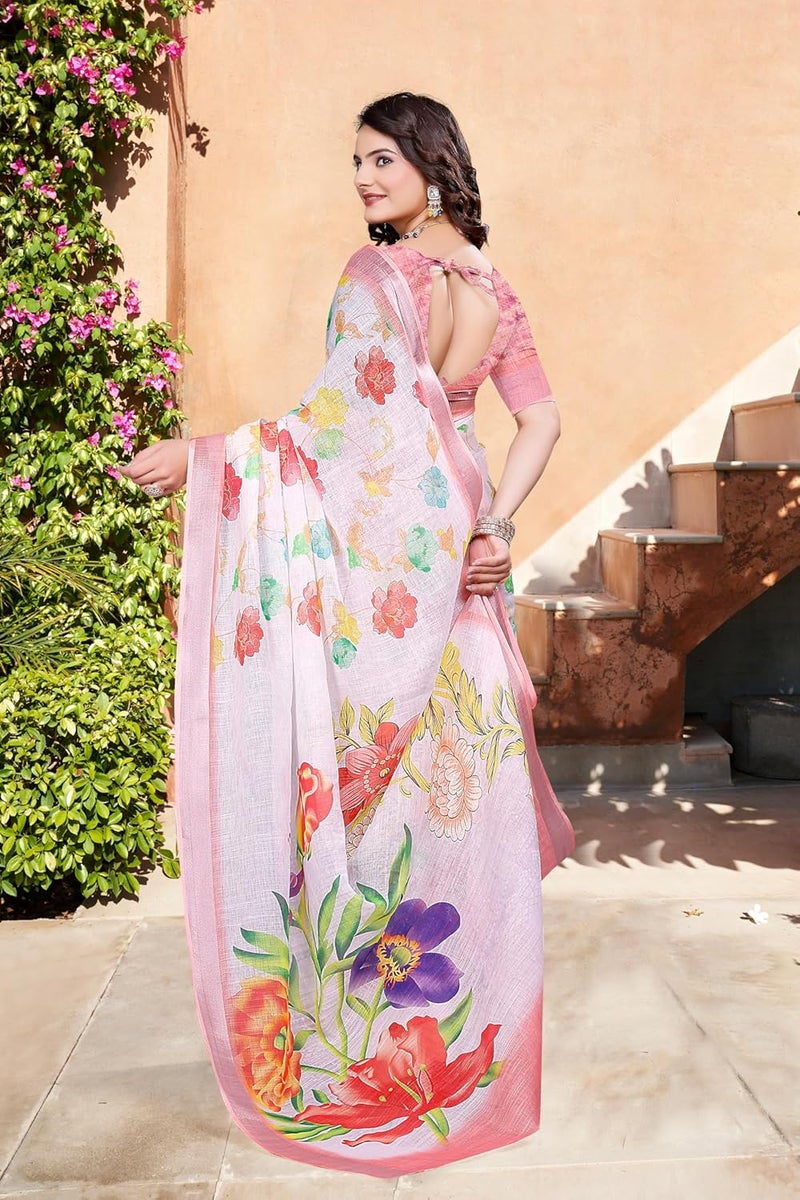 Sidhidata Women's Digital Printed Cotton Linen Blend Saree with Unstitched Blouse Piece - Multicolor Floral Design - Image 4