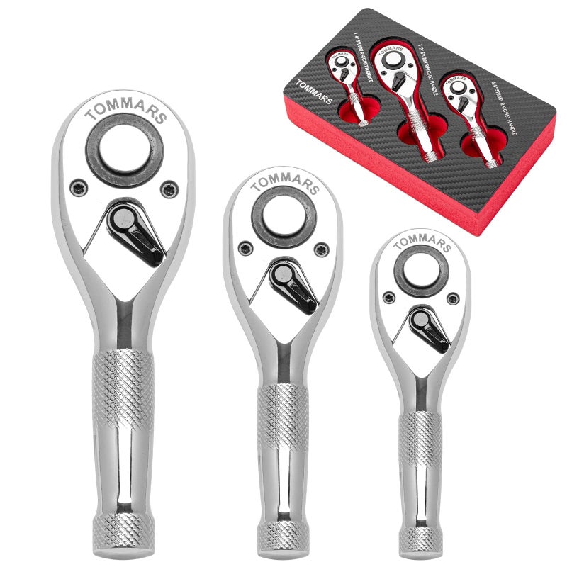 TOMMARS Stubby Ratchet Set, 1/4", 3/8", 1/2" Drive Ratchet Handle Wrench 72-Tooth Quick-Release Reversible - Image 1
