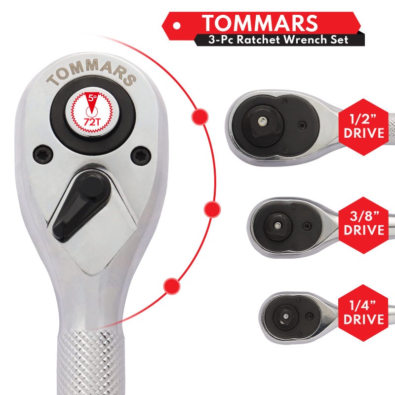 TOMMARS Stubby Ratchet Set, 1/4", 3/8", 1/2" Drive Ratchet Handle Wrench 72-Tooth Quick-Release Reversible - Image 3