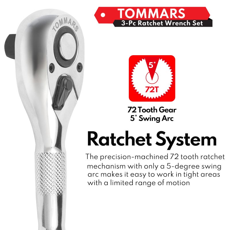 TOMMARS Stubby Ratchet Set, 1/4", 3/8", 1/2" Drive Ratchet Handle Wrench 72-Tooth Quick-Release Reversible - Image 5
