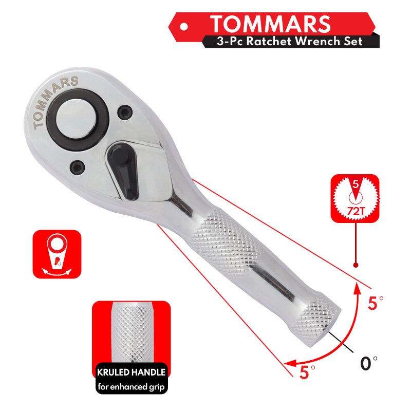 TOMMARS Stubby Ratchet Set, 1/4", 3/8", 1/2" Drive Ratchet Handle Wrench 72-Tooth Quick-Release Reversible - Image 4