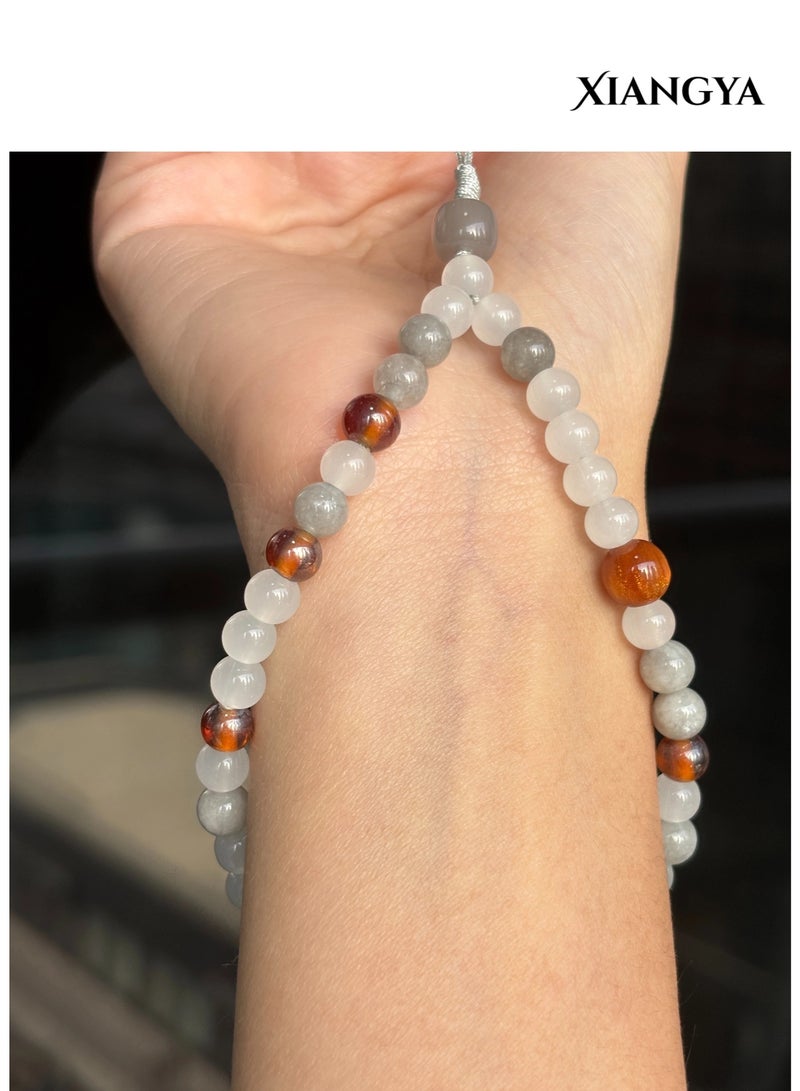 XIANGYA Phone Charm Lanyard Strap – White & Gray Glass Bead Chain with Amber Accents & Chalcedony Beads for Phone/Bag/Keychain - Image 5