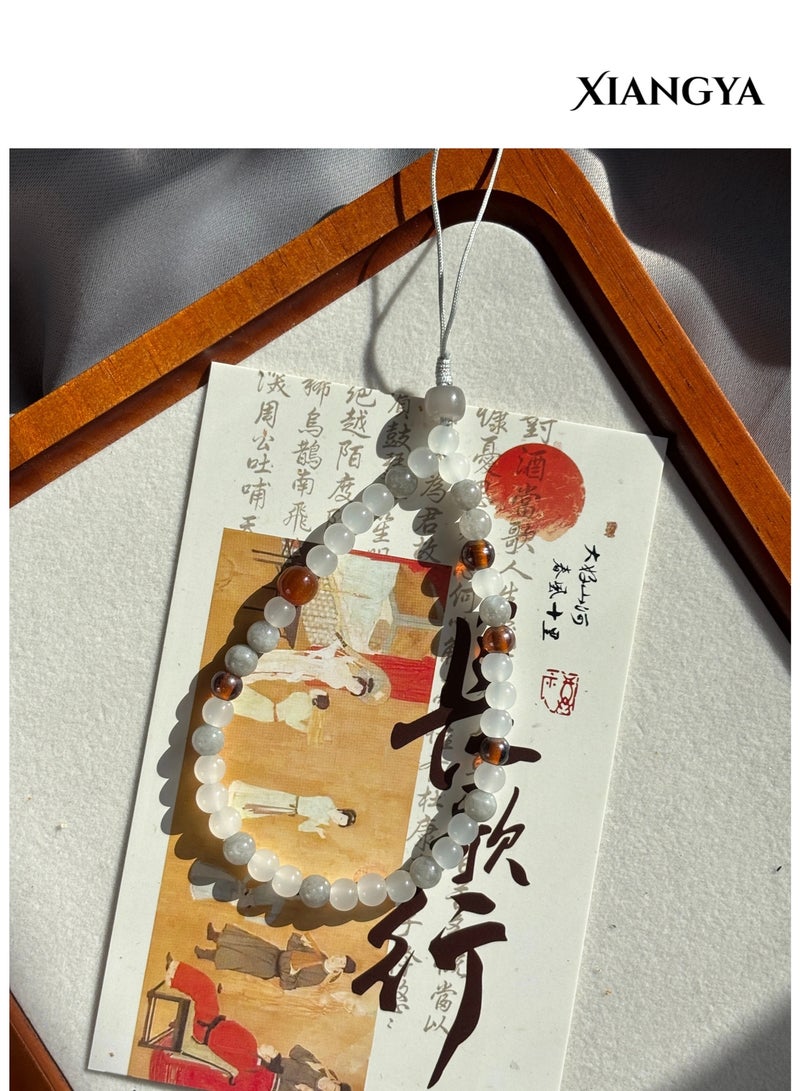 XIANGYA Phone Charm Lanyard Strap – White & Gray Glass Bead Chain with Amber Accents & Chalcedony Beads for Phone/Bag/Keychain - Image 2