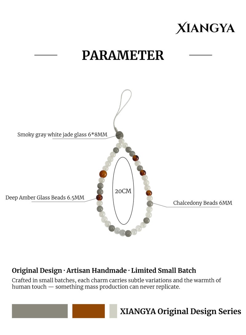 XIANGYA Phone Charm Lanyard Strap – White & Gray Glass Bead Chain with Amber Accents & Chalcedony Beads for Phone/Bag/Keychain - Image 3