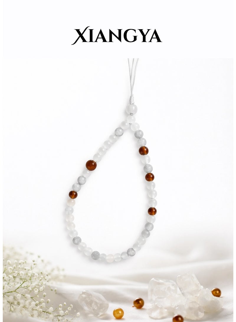 XIANGYA Phone Charm Lanyard Strap – White & Gray Glass Bead Chain with Amber Accents & Chalcedony Beads for Phone/Bag/Keychain - Image 1