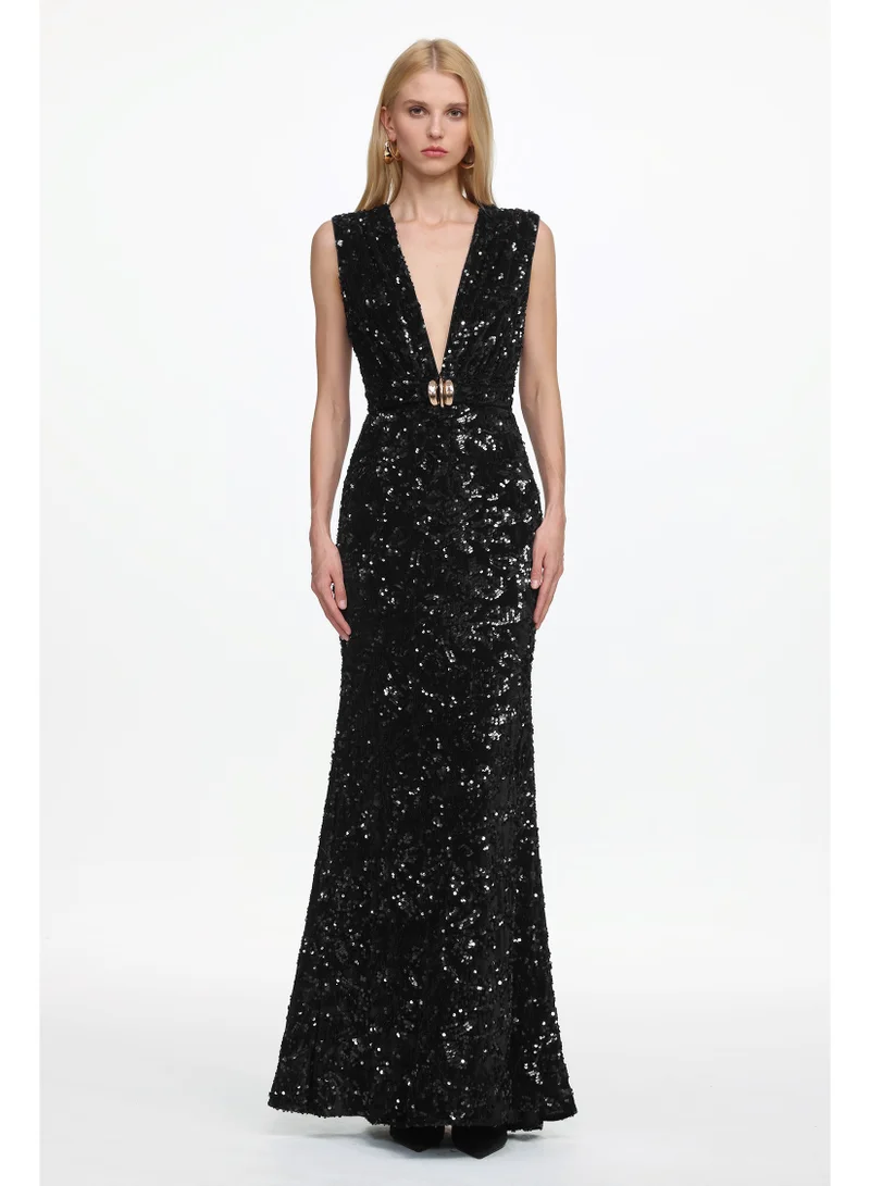 Bella Barnett Chic Contour Sleeveless Deep V Metal Buckle Sequin Velvet Maxi Dress