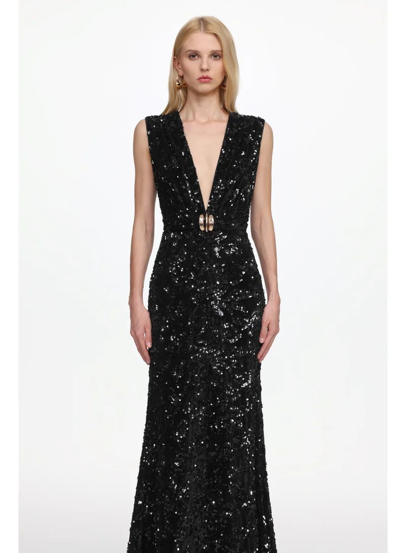 Bella Barnett Chic Contour Sleeveless Deep V Metal Buckle Sequin Velvet Maxi Dress
