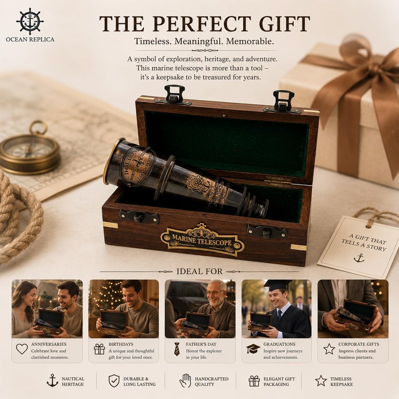 OCEAN REPLICAS 1920 DOLLOND London Brass Maritime Vintage Telescope with Wooden Box - Image 3