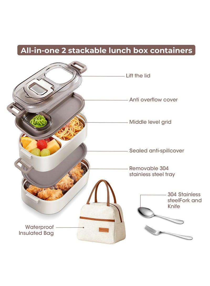 أداندو صندوق غداء من الفولاذ المقاوم للصدأ: صندوق بينتو مزدوج الطبقات آمن للاستخدام في الميكروويف - صندوق بينتو مانع للتسرب 304 - عازل حراري قابل للفصل - مناسب للبالغين والطلاب والمكاتب والمدارس - مع حقيبة حرارية وأدوات مائدة. - Image 4