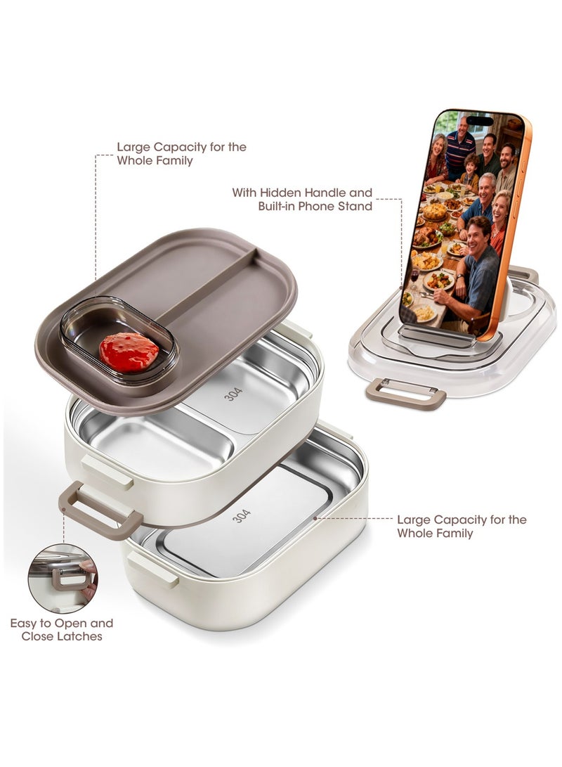 أداندو صندوق غداء من الفولاذ المقاوم للصدأ: صندوق بينتو مزدوج الطبقات آمن للاستخدام في الميكروويف - صندوق بينتو مانع للتسرب 304 - عازل حراري قابل للفصل - مناسب للبالغين والطلاب والمكاتب والمدارس - مع حقيبة حرارية وأدوات مائدة. - Image 2