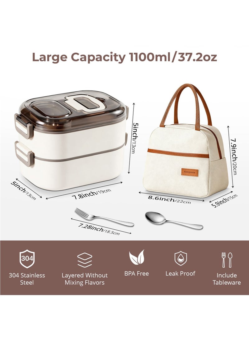 أداندو صندوق غداء من الفولاذ المقاوم للصدأ: صندوق بينتو مزدوج الطبقات آمن للاستخدام في الميكروويف - صندوق بينتو مانع للتسرب 304 - عازل حراري قابل للفصل - مناسب للبالغين والطلاب والمكاتب والمدارس - مع حقيبة حرارية وأدوات مائدة. - Image 3