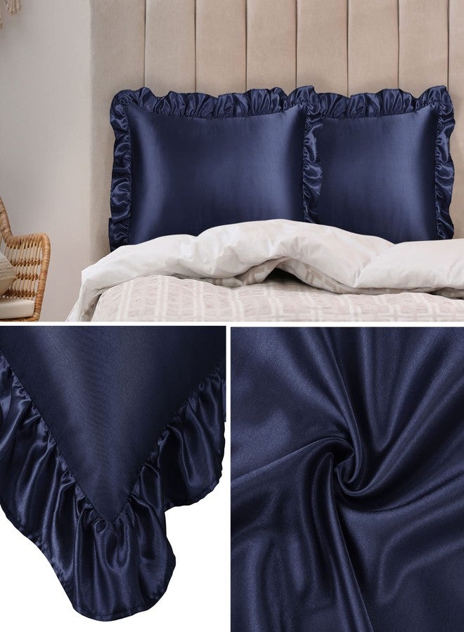 PiccoCasa Luxury Ruffled Pillow Shams Set of 2, Retro Silky Pillow Cover with Ruffle, 85 GSM Satin Pillowcases with Envelope Closure King Navy - Image 5