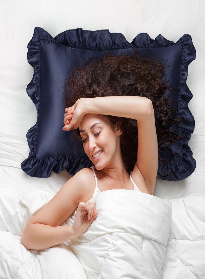PiccoCasa Luxury Ruffled Pillow Shams Set of 2, Retro Silky Pillow Cover with Ruffle, 85 GSM Satin Pillowcases with Envelope Closure King Navy - Image 4