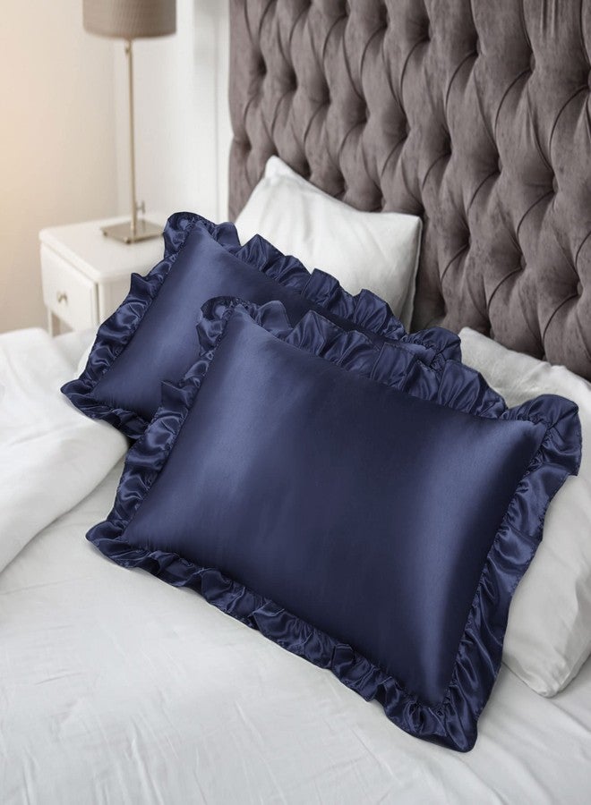 PiccoCasa Luxury Ruffled Pillow Shams Set of 2, Retro Silky Pillow Cover with Ruffle, 85 GSM Satin Pillowcases with Envelope Closure King Navy - Image 3
